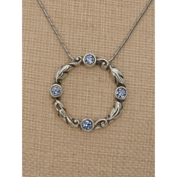 Brighton & Swarovski Jewelry - Vtg BRIGHTON Signed Gateway Necklace SWAROVSKI Blue Crystals Silver Plate Leaves